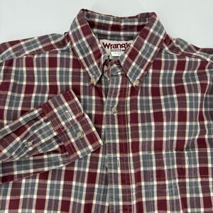 Wrangler Rugged Wear Plaid Button Down Shirt Men's M M Burgundy Gray Long Sleeve